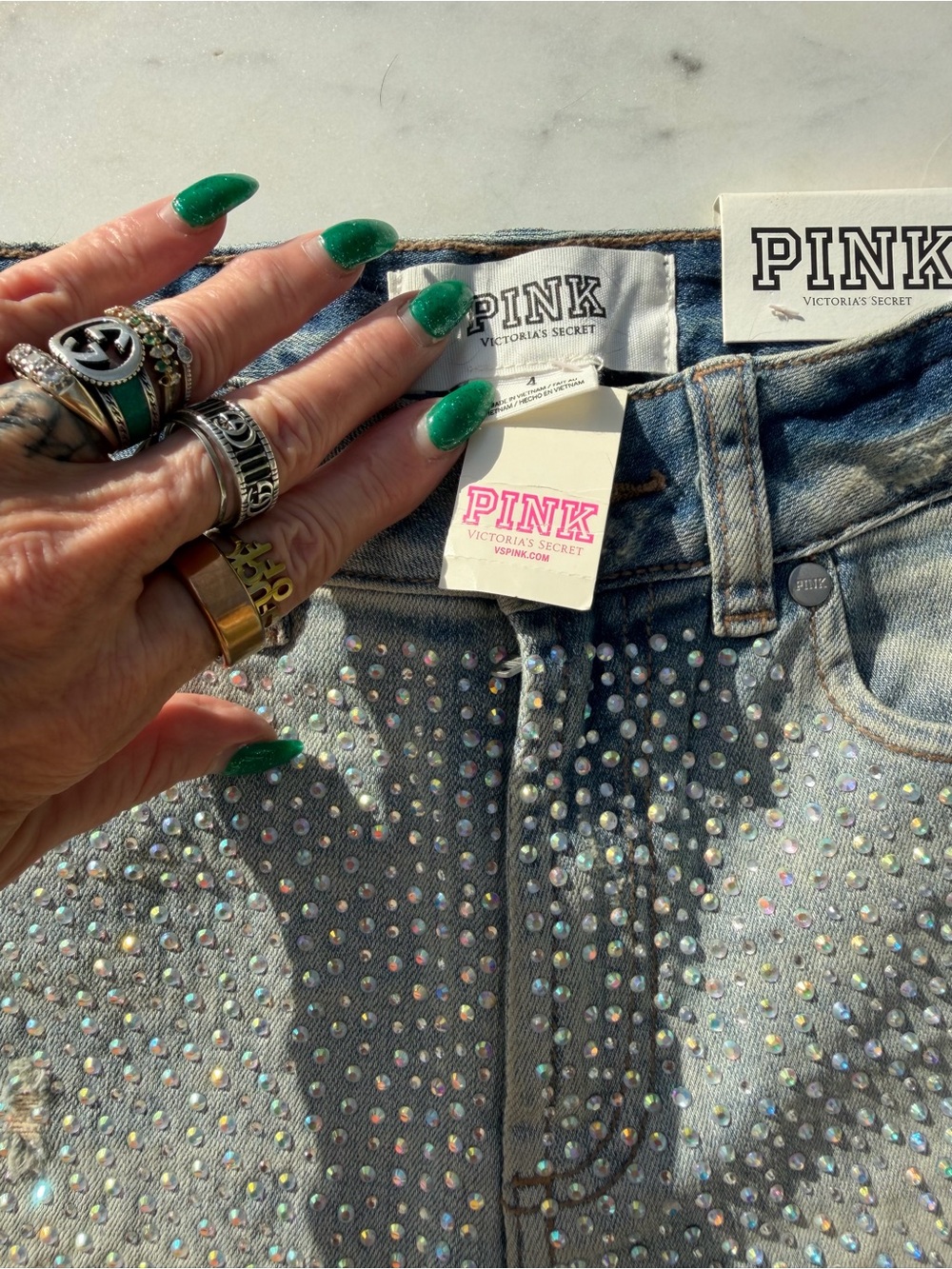 PINK Victoria's Secret Light Wash Jean Shorts with Iridescent Crystal Studs